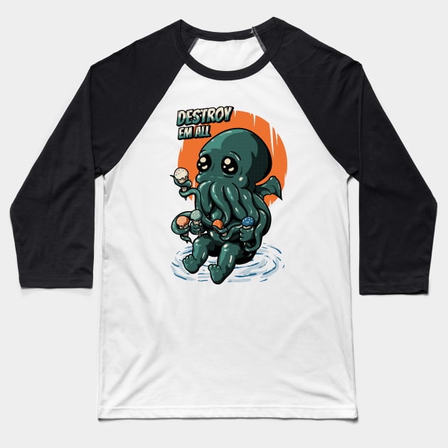 Ice Cream Destroyer - Baby Cthulhu Mask Baseball T-Shirt by anycolordesigns